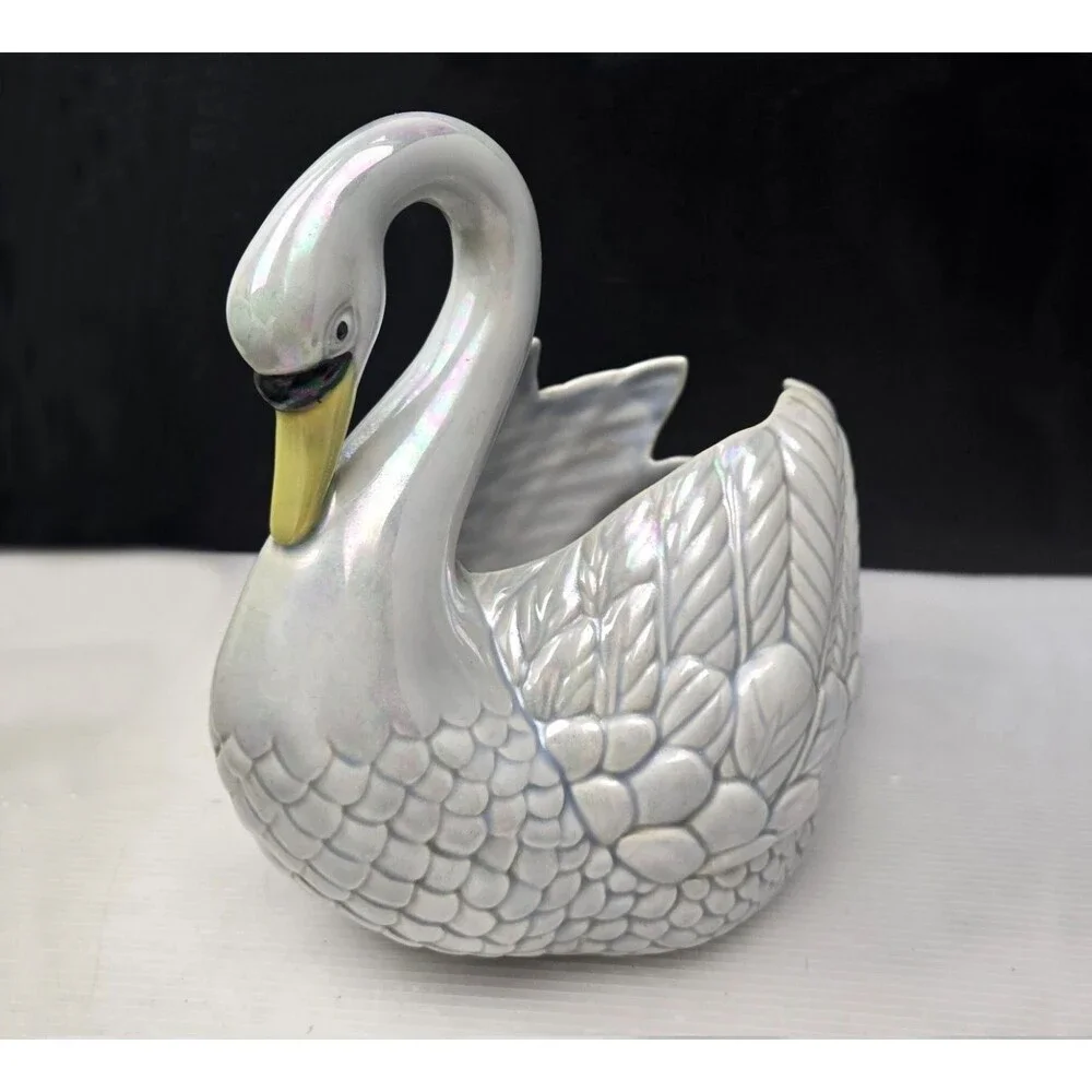 Vintage Holland Mold Swan Planter Pearlized Iridescent Luster Ceramic 11” 1974